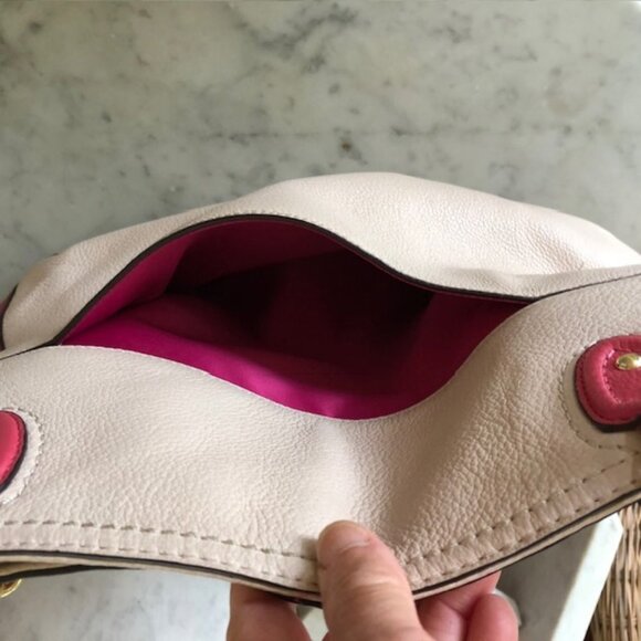 COACH Pink Cream/ Light Taupe Leather Color Block Chain Strap Tote Purse - Picture 9 of 14